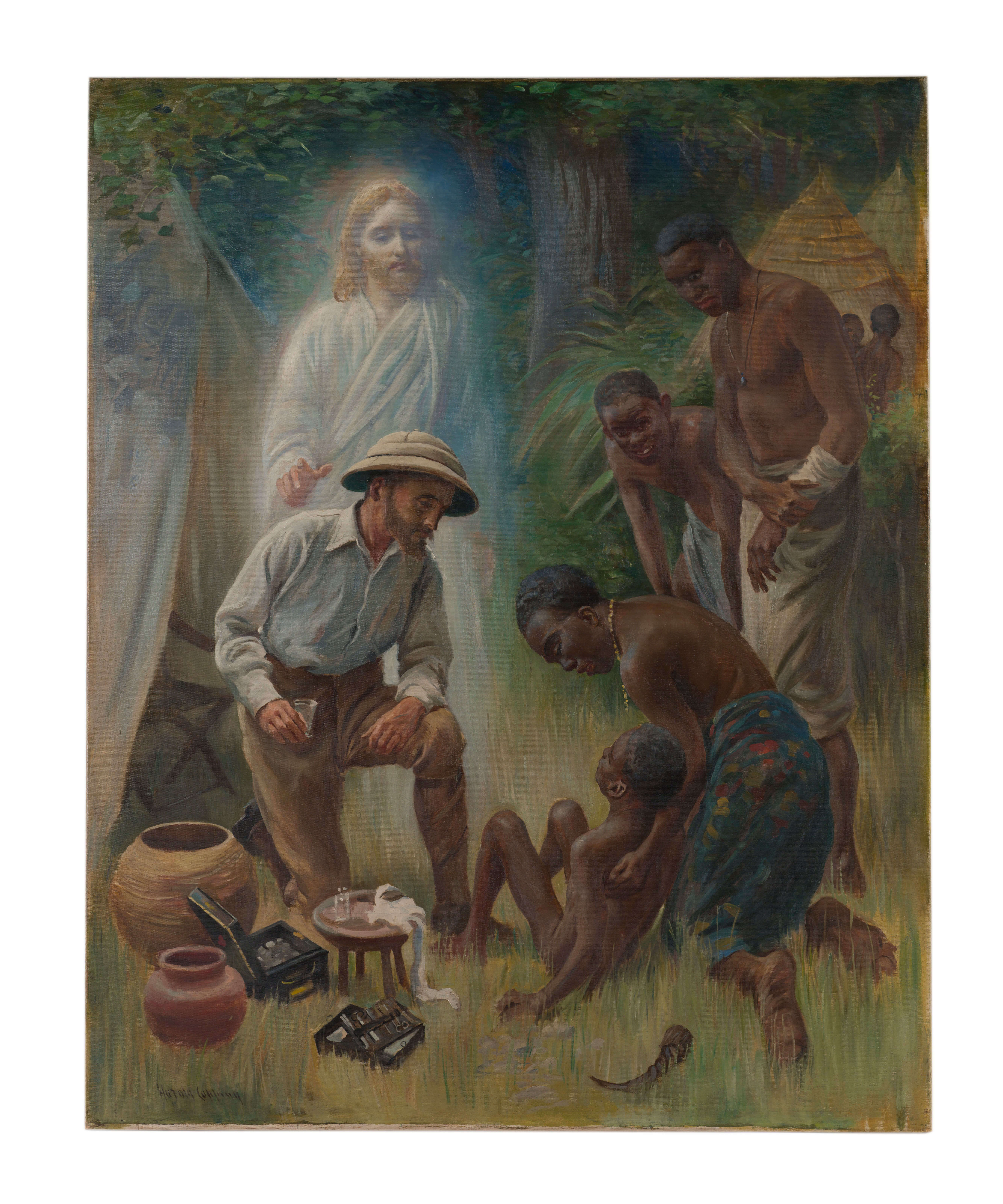 A Medical missionary, with Jesus behind him, attends a sick African child. In the foreground a cupping-horn, a traditional medical instrument, lies discarded. The painting was commissioned by the London Missionary Society to garner publicity for its missions.