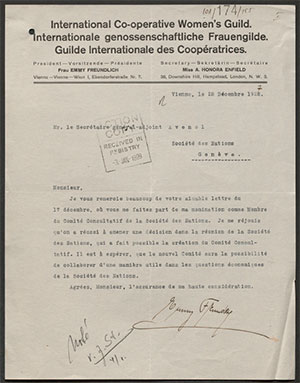Letter from Emmy Freundlich to the League of Nations' Deputy Secretary-General, Joseph Avenol, thanking him for her appointment to the Economic Consultative Committee (ECC), 17 December 1927, File R2619/10A/174/155, Credit: United Nations Archives at Geneva. Letter from Emmy Freundlich to the League of Nations' Deputy Secretary-General, Joseph Avenol, thanking him for her appointment to the Economic Consultative Committee (ECC), 17 December 1927, File R2619/10A/174/155, Credit: United Nations Archives at Geneva.